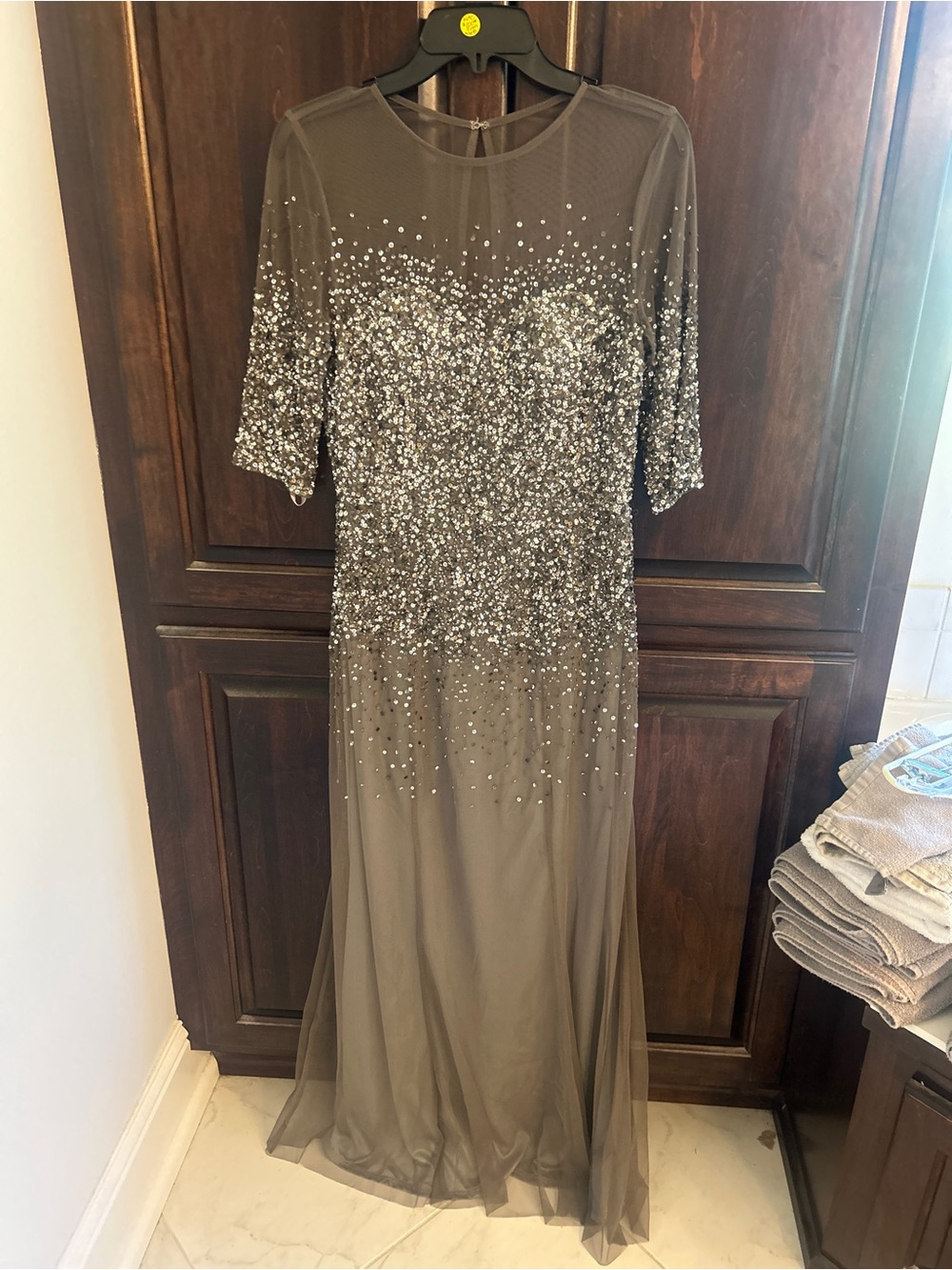 Adrianna Papell Gray Maxi Dress with Silver Sequin Ombre will fit size 8-10.